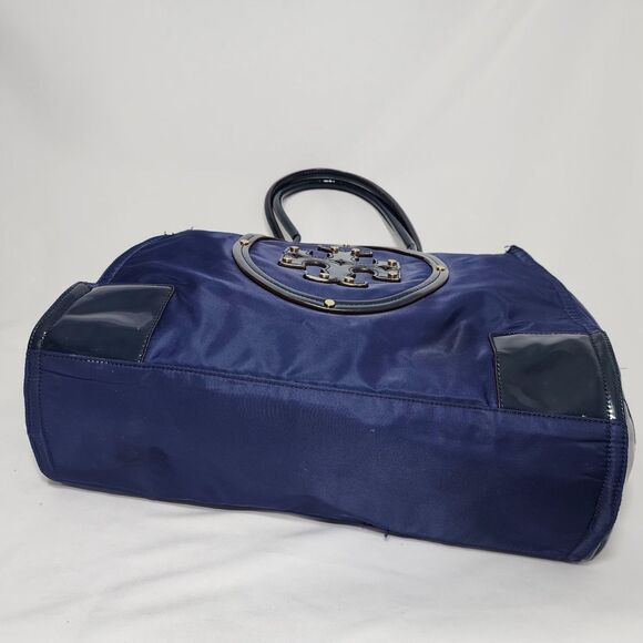 Tory Burch Ella Nylon Tote Navy Blue Patent Trim Logo Large Shoulder Bag Purse - Picture 7 of 16